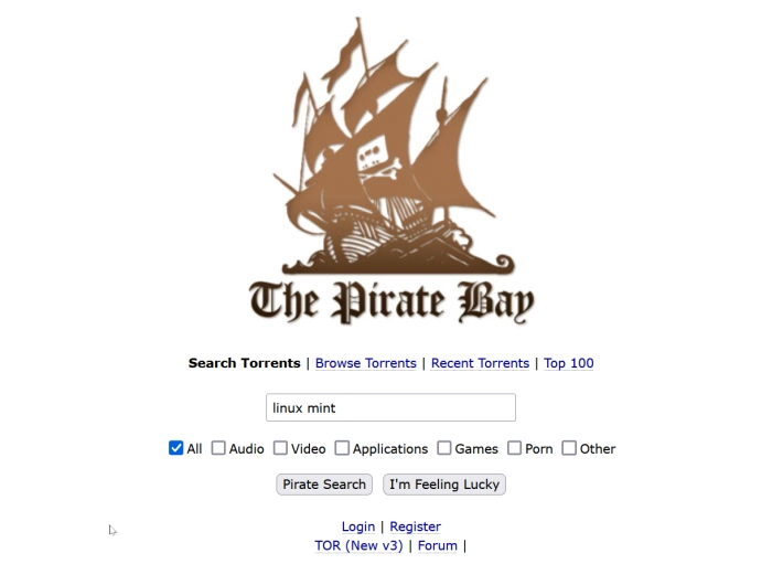 Tela de busca do The Pirate Bay.