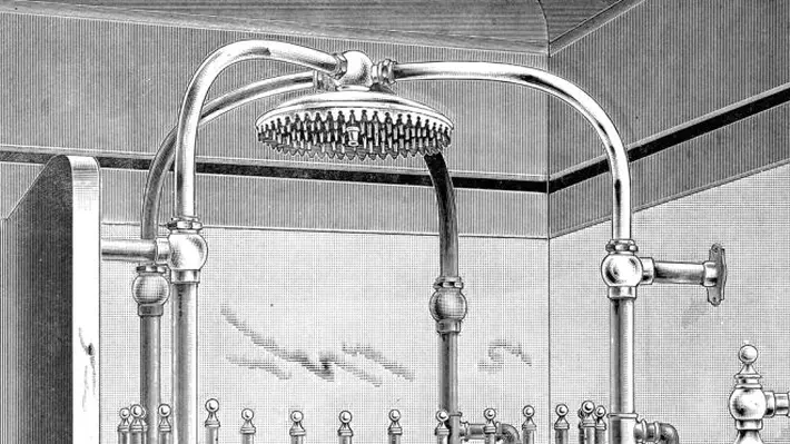 The earliest showers were rather like having a pail of water tipped over you from a height. By the 1880s there were some more sophisticated contraptions available. They could be fully integrated with indoor plumbing, and came complete with an array of taps and valves to adjust temperature, water flow, and more. Patent mixers were invented to make sure the water could never be scalding hot. One manufacturer promised their needle shower would not let water go over 98 degrees F (body temperature). Showers were supposed to be invigorating and health-giving, so cool or lukewarm water was considered beneficial.