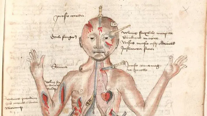 Sliced, stabbed, punctured, bleeding, harassed on all sides by various weaponry, the curious image of Wound Man is a rare yet intriguing presence in the world of medieval and early modern medical manuscripts.
