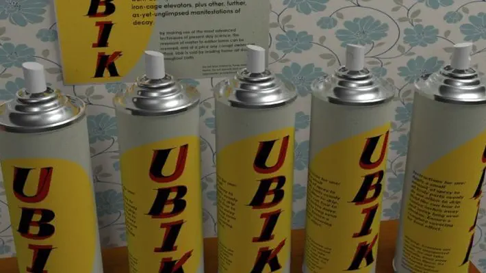 Ubik (/ˈjuːbɪk/ YOO-bik) is a 1969 science fiction novel by American writer Philip K. Dick. It is one of Dick's most acclaimed novels. In 2009, it was chosen by Time magazine as one of the 100 greatest novels since 1923. In his review for Time, critic Lev Grossman described it as “a deeply unsettling existential horror story, a nightmare you'll never be sure you've woken up from”. // “... the group begins to experience strange shifts in reality. Consumables, such as milk and cigarettes, begin to deteriorate prematurely. Also, the group sees Runciter's face on coins and receives strange messages from him in writing and on television. Most of these messages imply that Runciter is in fact alive, while the others are in half-life, or 'cold-pac' as it is informally called. Group members who separate from the group are found dead, in a gruesome state of decomposition.”