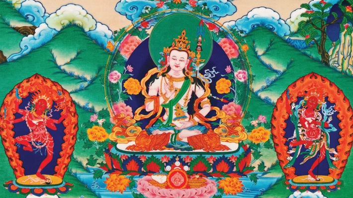 Imagem ligada a prece “Grandiosas nuvens de bênçãos” de Mipam Rinpoche, voltada a reunir congregações da sanga e elevar a gloriosidade do darma no mundo.